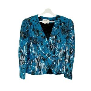 Vintage 100% Silk Sequin Art Disco Floral Evening 1980’s Blazer Jacket